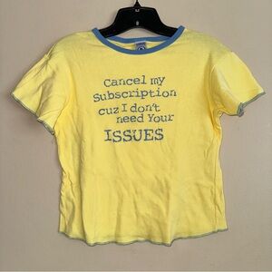 Vintage Yellow Ringer Cropped Baby Tee “I Don’t Need Your Issues” Graphic L/XL